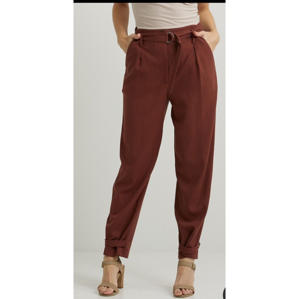 Joseph Ribkoff Tapered Pants Women 12 Rust Brown Paperbag Waist Belted